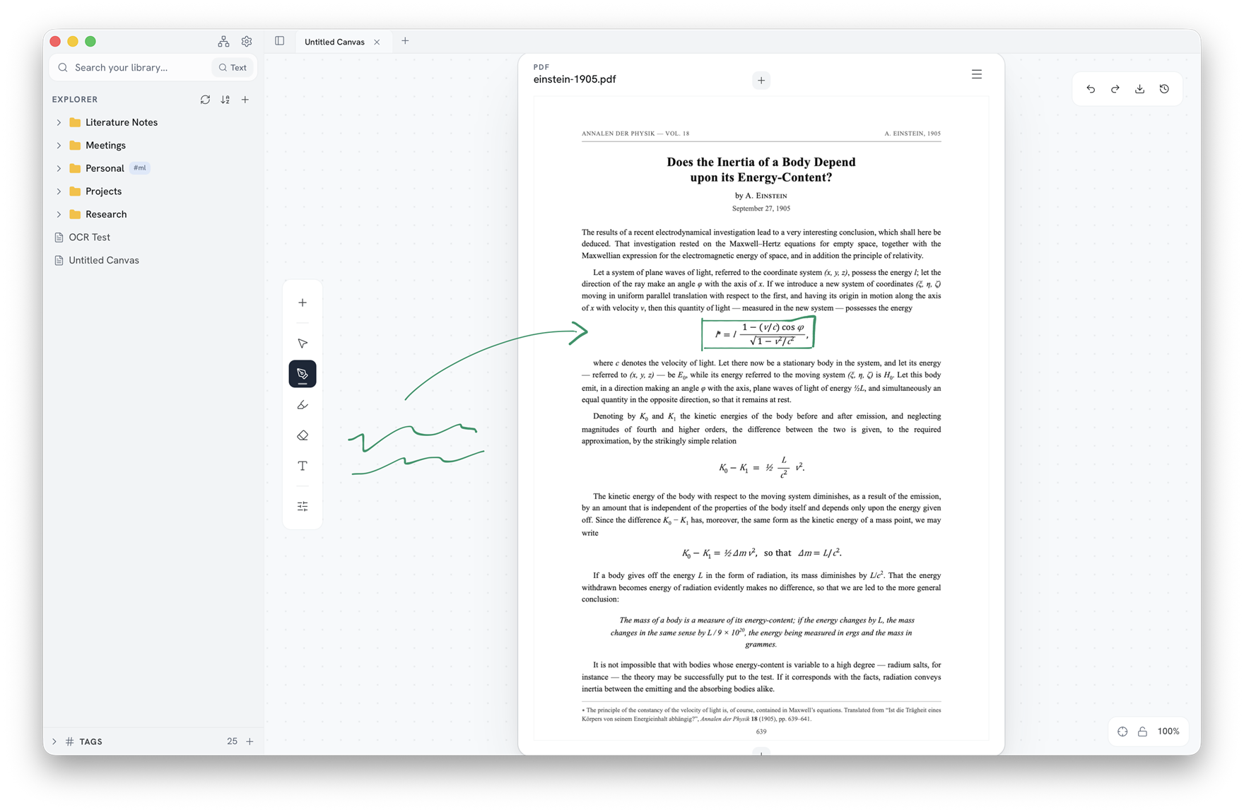 嵌入 Myelin 画布的 PDF,一个公式被框出,旁边还有一支手绘的箭头